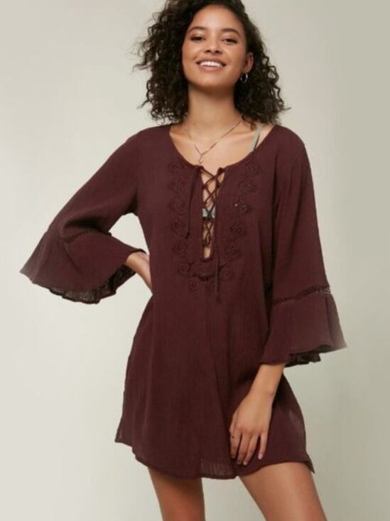 O'Neill Other - O'Neill Saltwater Burgundy Gauze Embroidered Bell Sleeve Beach Cover Up Large